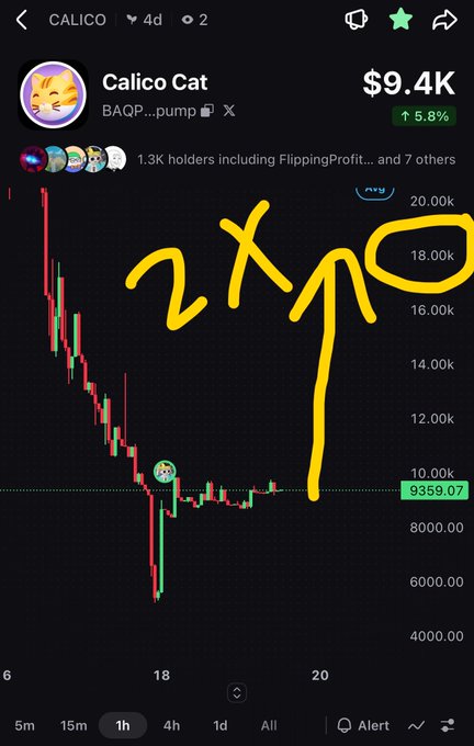 A mobile chart screenshot of the Calico Cat memecoin (BAQP...pump) on Solana, showing a market cap of $9.4K with hand-drawn yellow annotations pointing to a 2x potential price target around $18k.