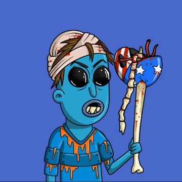 A blue-skinned cartoon mutant with a bandaged, bloodied head and drooling teeth holds a staff topped with a heart adorned in American flag patterns. The image visually represents the "Mutant Monday" NFT collection theme referenced in the post, which celebrates the acquisition of Mutant #3597 and #3752.