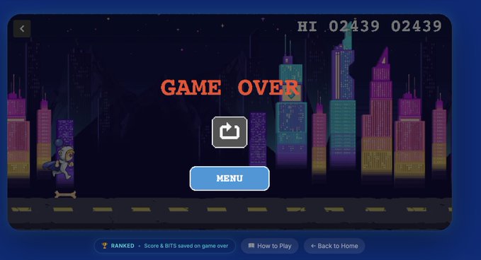 A 'GAME OVER' screen from a pixel-art runner game featuring a character in a futuristic city, with options to retry or return to the menu and a high score of 02439.