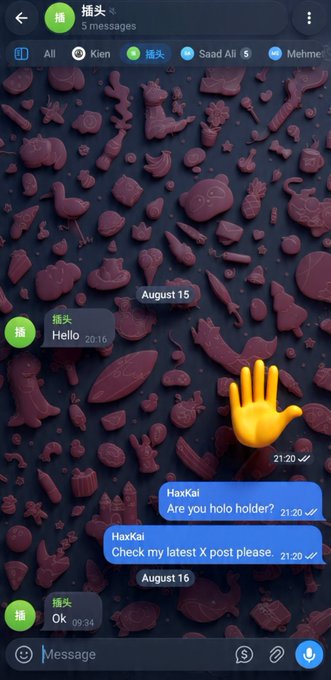 A Telegram chat showing messages from "HaxKai" asking "Are you holo holder?" and "Check my latest X post please," alongside a simple "Hello" message that the user playfully interprets as a $HOLO update. The 3D pink-themed chat background and waving hand emoji emphasize the humorous obsession with the Holo token mentioned in the caption.