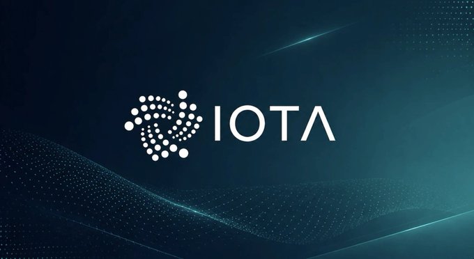 Logo of IOTA displayed against a dark blue background with wavy digital patterns.