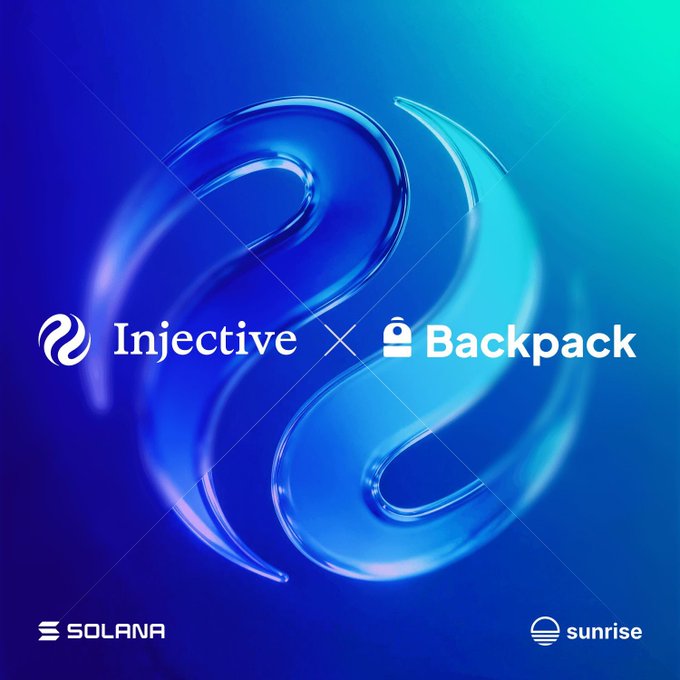 A vibrant blue and cyan graphic announcing a partnership between "Injective x Backpack," with Solana and Sunrise logos at the bottom.
