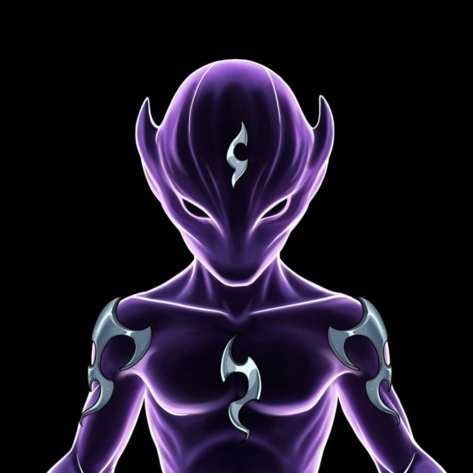 A digital illustration features a sleek, purple humanoid figure with a smooth faceless head adorned with a silver symbol, set against a black background.