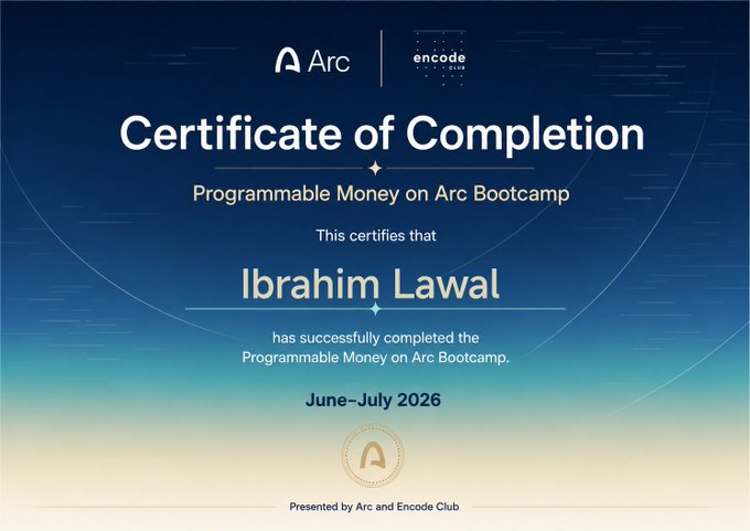 A digital Certificate of Completion from Arc and Encode Club awarded to Ibrahim Lawal for successfully finishing the "Programmable Money on Arc Bootcamp" in June–July 2026. The certificate visually supports the accompanying post celebrating Ibrahim's completion of the program alongside 1,500 other participants, which covered programmable money, stablecoin infrastructure, and onchain concepts.