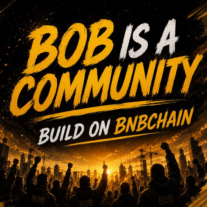 The image features bold text reading "BOB IS A COMMUNITY" and "BUILD ON BNBCHAIN" over a silhouetted cityscape with a crowd raising their fists, visually reinforcing the post's message of community-led building on BNB Chain. The sunrise over the city symbolizes a new dawn of collaborative development among BOB builders.