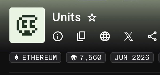 This image shows a "Units" token on the Ethereum blockchain with a total supply of 7,560. The text in the accompanying post references burning "UNITS" to earn "fragments".