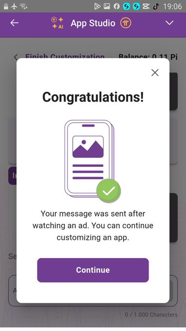 A mobile app interface displaying a "Congratulations!" popup from "App Studio" confirming that a message was sent after watching an ad.