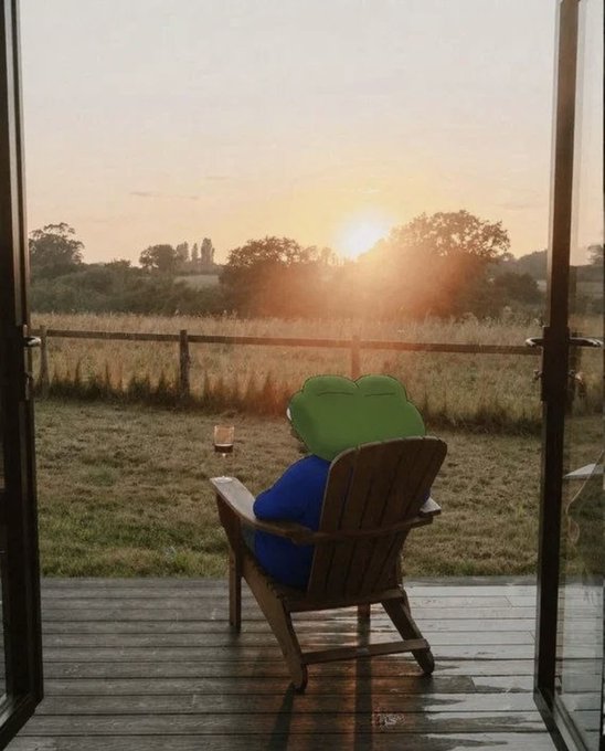 A peaceful scene of the cartoon character Pepe the Frog sitting in a wooden chair on a deck, watching a sunset over a field with a drink on the chair's side table.