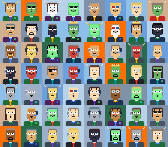 A grid of pixel-art avatar portraits, reminiscent of CryptoPunks NFT collectibles, is displayed in various colors and features (such as horns, beards, and headbands). The image connects to the post by symbolizing the NFT community, with the diverse collection of characters representing the creators, founders, and supporters mentioned in the caption.