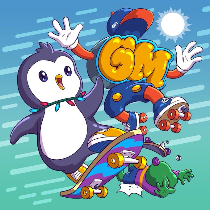 A cartoon illustration of a penguin and other characters skateboarding, with the text 'QM' displayed prominently.