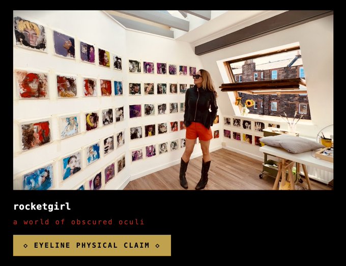 A woman in a black leather jacket and orange shorts stands in an art studio surrounded by walls covered in small portrait paintings; text below reads 'rocketgirl', 'a world of obscured oculi', and '◆ EYELINE PHYSICAL CLAIM ◆'.