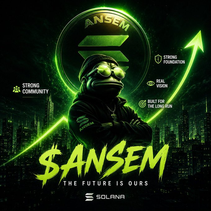 A promotional graphic featuring a frog character wearing sunglasses, with the text "$ANSEM THE FUTURE IS OURS" and "SOLANA" against a green city background.