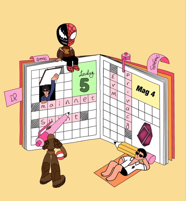 An illustration of a crossword puzzle book opened to pages 5 and Mag 4, featuring chibi-style Spider-Man (symbiote suit) characters playing with giant pink pencils.