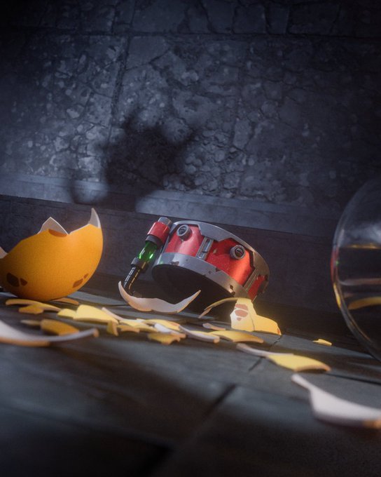 A 3D rendered image of a broken red barrel-like object next to a cracked eggshell with yellow fragments scattered across a dark stone surface.