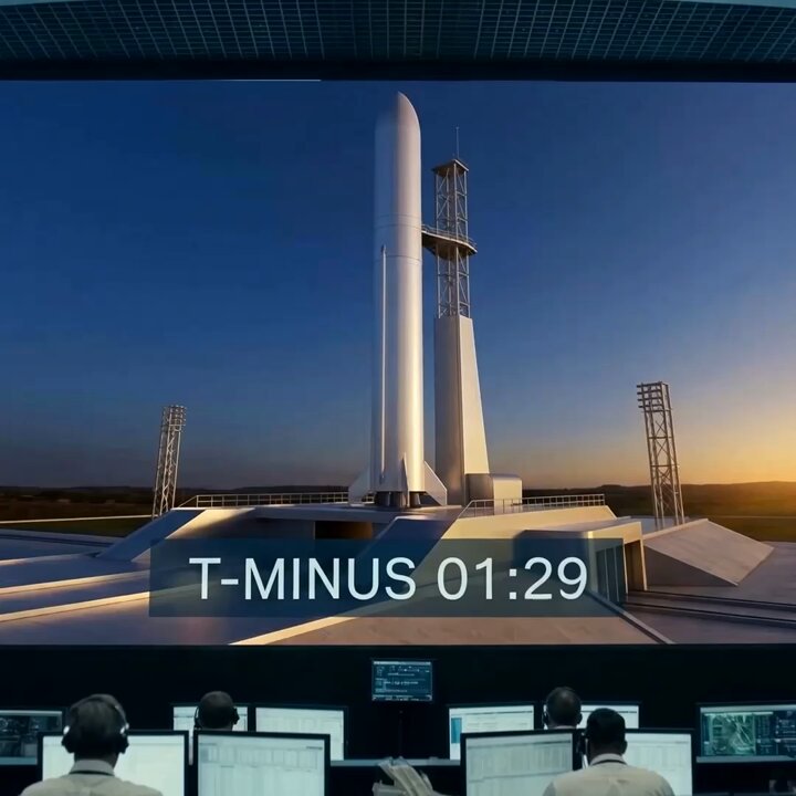 The image shows a group of people sitting at desks with computer monitors, likely working as employees or managers for a company that handles sensitive information. The scene takes place during the day under a blue sky, suggesting a typical office environment. The main focus is on the people and their activities, while the background features an impressive rocket launch in progress.