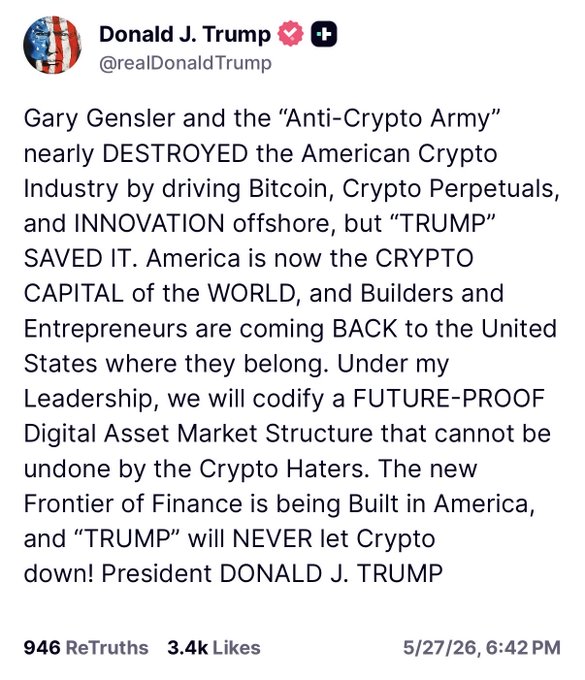 The main focus of this image should be a screenshot of the twitter feed, which shows a post by @realDonaldTrump from Donald J Trump with his name displayed at the top. Below this, there is text about Gary Gensler and the "Ant-Cyptro" that he destroyed in near ruins. The text also mentions the "American Crypto Perpetuals," a new industry that could disrupt our economies, and talks about how Donald J Trump is being called into question for his involvement with this industry. This tweet seems to be about politics or economics, possibly related to President Trump's influence on the tech industry.