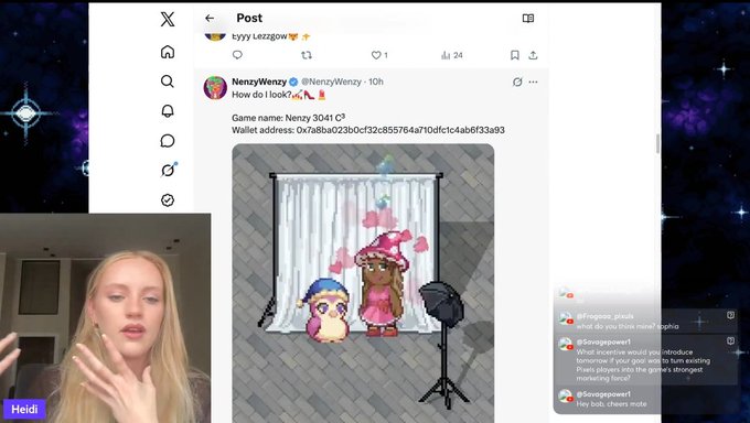 A screenshot of a livestream by Heidi showing a Twitter/X post by @NenzyWenny advertising a pixel art game called 'How do I look?' with a Narpy wallet address 0x7a48a023b0cf32c855764a710fdc1c4ab6f33a93.