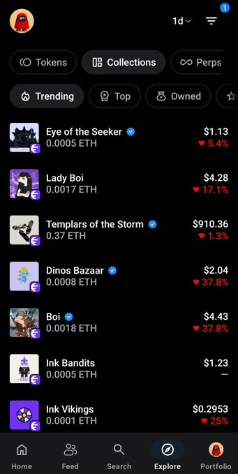 A mobile app interface displaying NFT collection listings including 'Eye of the Seeker', 'Lady Boi', 'Templars of the Storm', and 'Ink Vikings' with their ETH prices and percentage changes.