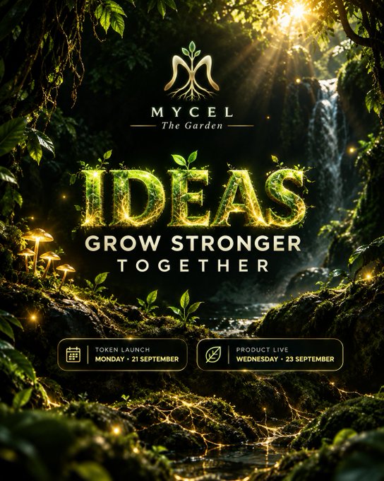 A promotional poster for 'MYCEL The Garden' with the slogan 'IDEAS GROW STRONGER TOGETHER' set against a forest waterfall background, announcing a Token Launch on Monday, 21 September and Product Live on Wednesday, 23 September.