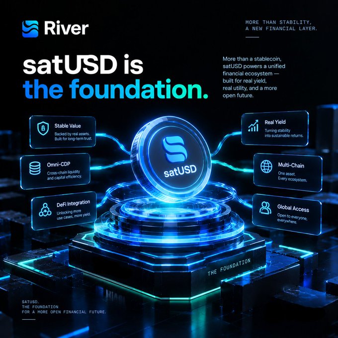 A promotional graphic for River's satUSD stablecoin, showing it as "the foundation" of a unified financial ecosystem with six key features: Stable Value, Real Yield, Omni-CDP, Multi-Chain, DeFi Integration, and Global Access. The image visually reinforces the post's message by depicting satUSD as a central, glowing coin surrounded by these pillars, illustrating its role as the foundational layer of River's architecture for a more open financial future.