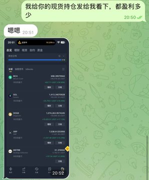 A screenshot of a chat showing a cryptocurrency portfolio app (Bitcoin, SOL, DOGE, XRP, MKTING) with the Korean text asking how much profit was made.