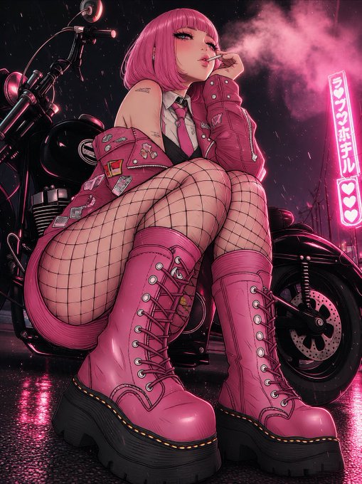A pink-haired figure in a biker jacket and boots sits next to a motorcycle in front of a neon sign that reads "ラブホテル" (Love Hotel), ready to embrace the day.
