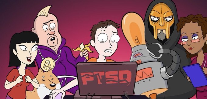 Cartoon illustration with multiple characters around a laptop displaying 'FTSO', featuring figures including a masked character, someone with a banana, and a dog.