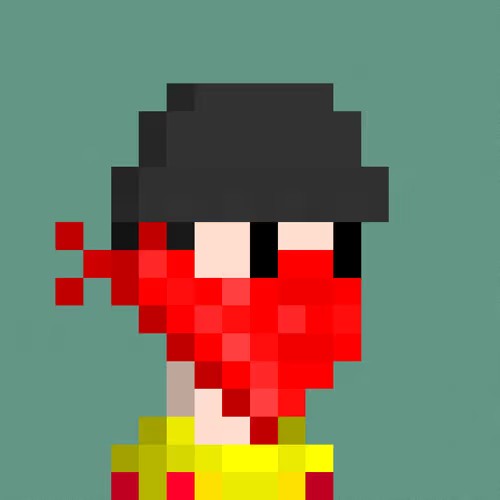 Pixel art portrait of a character wearing a black hat with a red bandana over their face and a green shirt against a solid green background.
