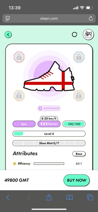 The image shows a phone screen displaying an app called "StepN", which appears to be a shoe shopping app. The main focus of the image is a white shoe with red accents, positioned at the top left corner of the screen. Below this shoe, there are several buttons and icons representing different aspects of the app's interface, such as attributes, buying options, and a buy button.