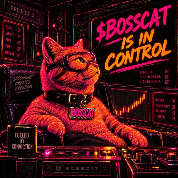 A neon-styled poster featuring an orange cat in sunglasses and a spiked collar sitting in a leather chair, with text '$BOSSCAT IS IN CONTROL' and motivational labels like 'PLAN SHOOT EDIT POST REPEAT'.