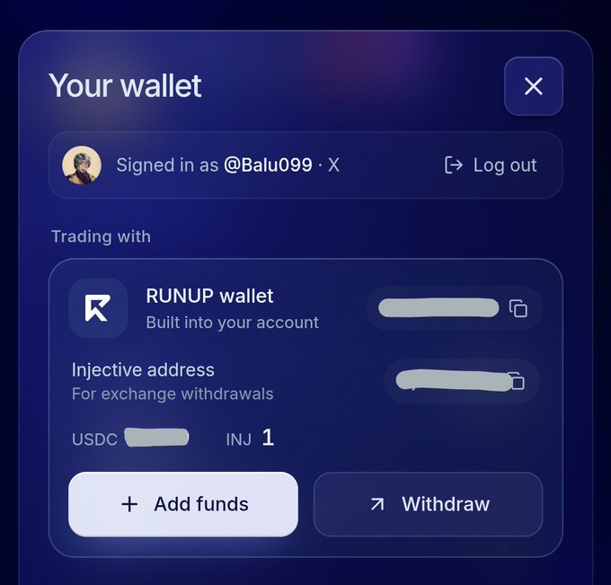 A digital wallet interface showing 'Signed in as @Balu099 · X' with RUNUP wallet information, USDC and INJ 1 balances, along with 'Add funds' and 'Withdraw' buttons.