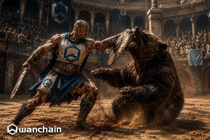 A gladiator warrior in blue and silver armor fighting a large bear in a Roman colosseum arena, with 'Wanchain' logo in the bottom left corner.