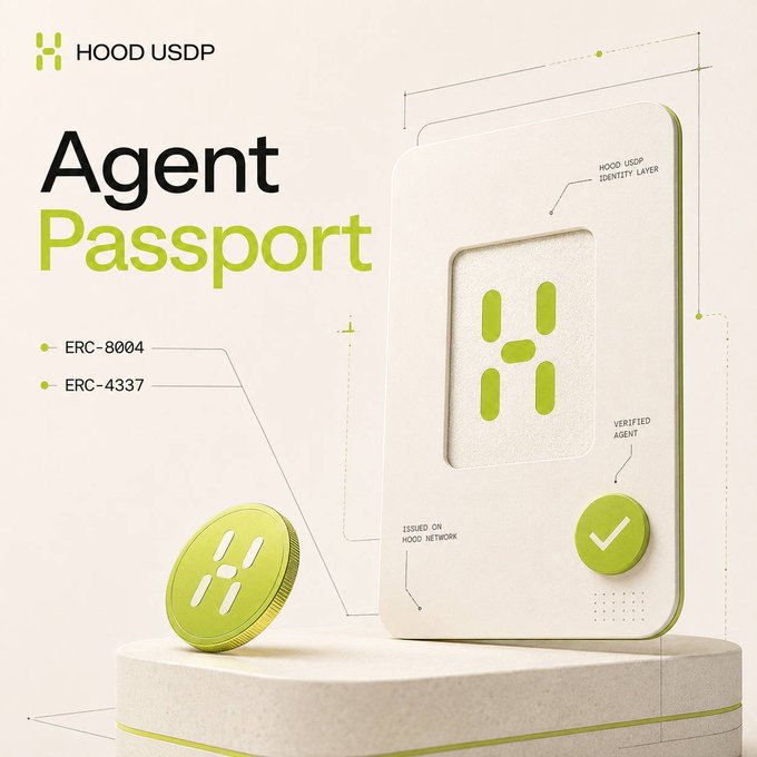 A promotional graphic for "Hood USDP" titled "Agent Passport" showcasing ERC-8004 and ERC-4337 standards with a "Verified Agent" badge and "Issued on Hood Network" credentials, visually representing a blockchain-based identity solution that pairs with the accompanying pitch about bringing private payments via $USDG to Robinhood.