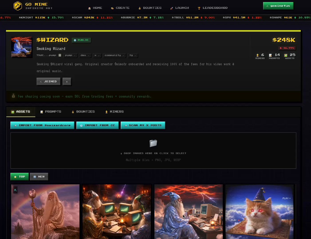 The image shows a webpage with a black background, displaying an array of images related to the @swizardcore X library. The text on the page indicates that the library has been imported into the current page, allowing users to generate new original wizard art based on the theme and aesthetic preferences set by the user. The post also mentions that the generated wizard art is a reference image from the library, which can be used as a starting point for creating unique and original wizard art.
