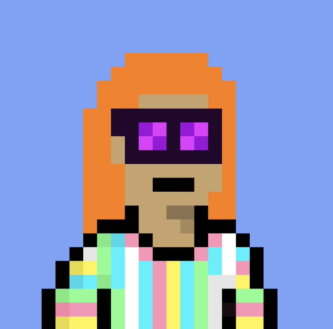 A pixel art portrait depicts a stylized character with orange hair, purple sunglasses, and a colorful striped outfit against a solid blue background.