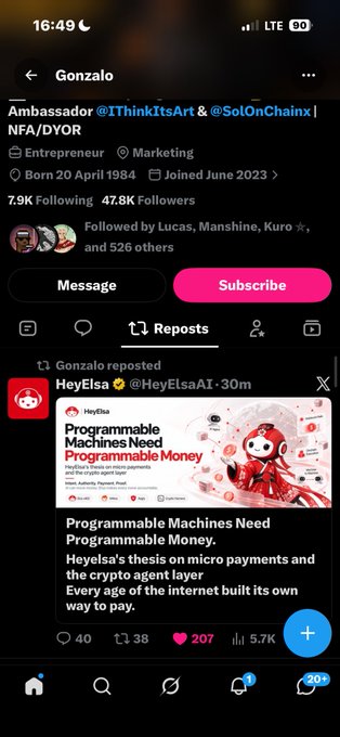 A mobile screenshot of a Twitter/X profile for Gonzalo, who is listed as 'Ambassador @1ThinkItsArt & @SolOnChainx' with 47.8K followers, showing a reposted article by HeyElsa titled 'Programmable Machines Need Programmable Money.'