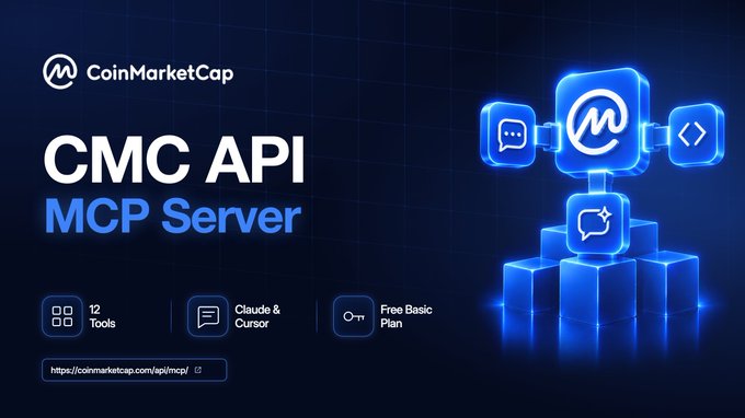 The image is a promotional graphic for CoinMarketCap's CMC API MCP Server, featuring the CoinMarketCap logo and branding with a dark blue background. It highlights key features including "12 Tools," compatibility with "Claude & Cursor," and a "Free Basic Plan," alongside a 3D illustration of interconnected blue cubes displaying icons for chat, code, and the CMC logo, with the URL "https://coinmarketcap.com/api/mcp/" shown at the bottom.