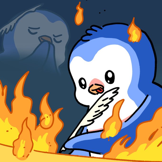 A cartoon penguin appears distressed, surrounded by flames with small fire droplets around it, while a sad ghost-like figure looms in the dark blue background.