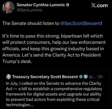 A tweet from Senator Cynthia Lummis (@SenLummis) urges the Senate to listen to Treasury Secretary Scott Bessent and pass the Clarity Act to establish a regulatory framework for digital assets.