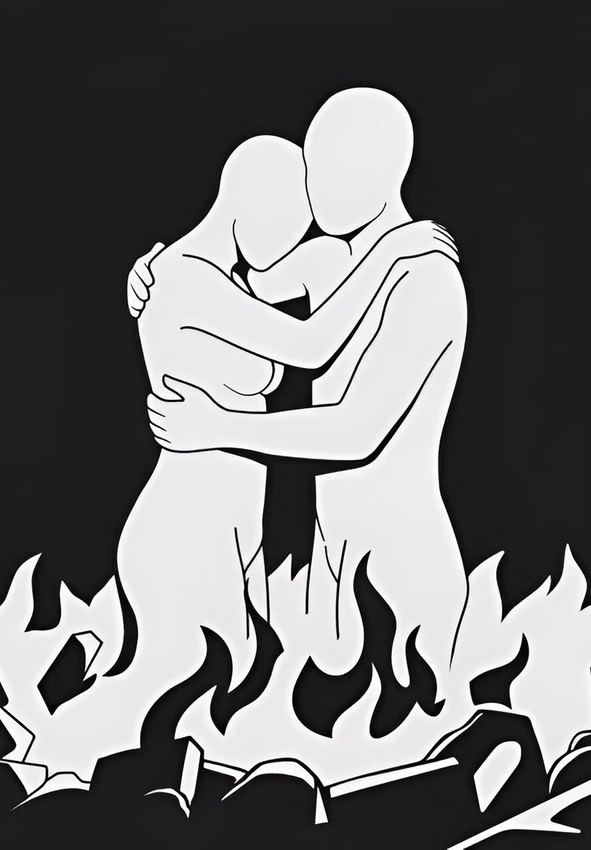The image features a black and white illustration of two people embracing each other, with one person's head appearing to be on fire. The background consists of a dark sky filled with flames, creating an intense and dramatic atmosphere. The caption below the artwork reads "The weather right now (in Italy) You can mint this artwork on Objkt". This suggests that the image is related to a post about the current weather conditions in Italy or possibly a discussion about the artist's inspiration for the piece.