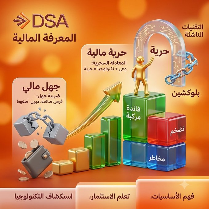 The image is an Arabic-language graphic titled "DSA المعرفة المالية" (DSA Financial Knowledge), promoting financial literacy and freedom through the hashtag #TRON #TGF #TRONGlobalFriends. It features key financial concepts in Arabic: "حرية مالية" (financial freedom), "جبل مالي" (financial mountain with a wallet symbol), "بلوكشين" (blockchain with a chain icon), "فائدة مركبة" (compound interest), "تضخم" (inflation), and "مخاطر" (risks), with a golden figure standing triumphantly atop a green cube while an upward arrow emerges from a broken wallet — visually reinforcing the post's message about financial education as a lever for economic independence.