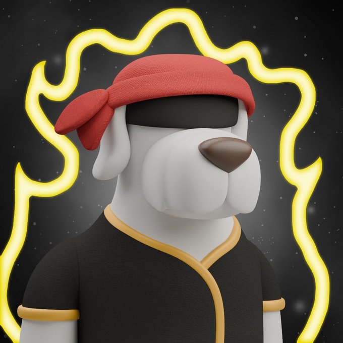 A stylized white dog character wearing a red bandana and black shirt with yellow trim is set against a starry background with a glowing yellow flame outline. The image ties to the post's theme of "Pixel Pups" as a rallying symbol for the ClutchMarkets community, suggesting the canine mascot embodies the "cracked dev and degen founder army" poised for growth.