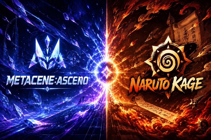 The promotional image showcases "METACENE: ASCEND" on the left with a glowing blue crystal emblem, set against "NARUTO KAGE" on the right featuring an orange fiery swirl logo, with the two colliding at a central burst of energy—visually representing the crossover collaboration event mentioned in the post.