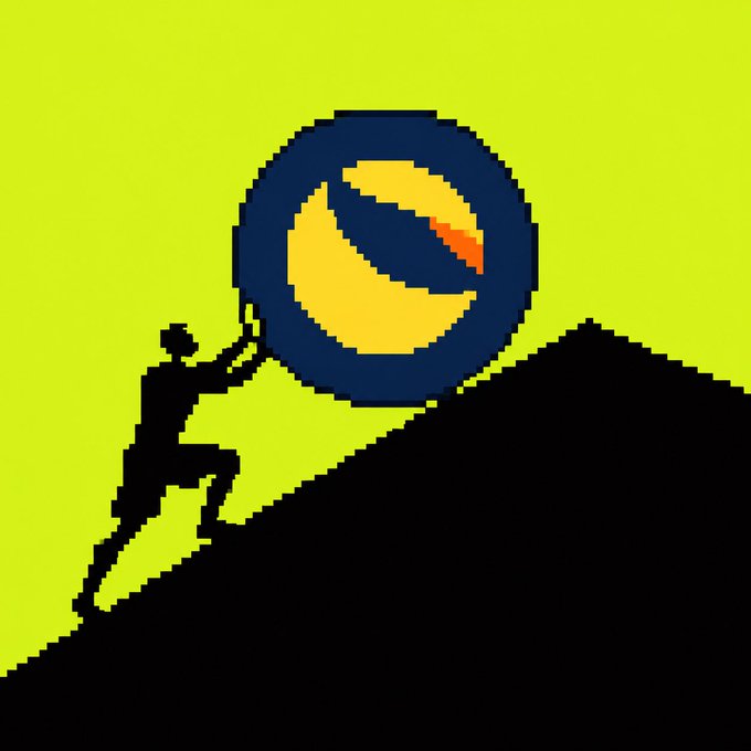 A minimalist pixel art image of a silhouetted figure pushing a large circular object up a steep hill against a bright yellow-green background.