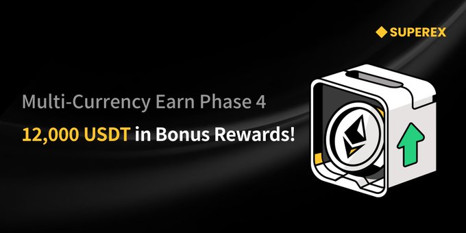 A promotional graphic for 'SUPEREX' featuring 'Multi-Currency Earn Phase 4' offering '12,000 USDT in Bonus Rewards!', with an illustration of a white Ethereum-themed box with an upward green arrow.