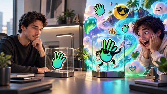 A vibrant AI-generated image of two men at a desk watching a glowing green cartoon hand character wearing sunglasses break out of a glass case, surrounded by floating emoji, clouds, and a tropical background.