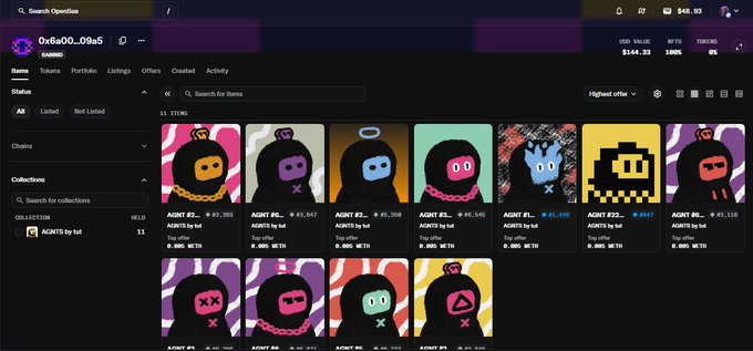 A screenshot of an NFT marketplace showing a collection titled 'AGNTs by tal' featuring colorful ninja-like characters, with a god value of '$164.33'.