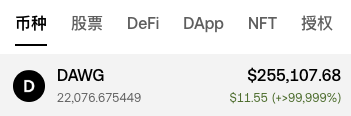 A digital screenshot shows cryptocurrency market information in Chinese characters, listing '币种, 股票, DeFi, DApp, NFT, 提议' at the top, and displaying a token named 'DAWG' with a massive price of '$255,107.68' and a 99.999% gain.