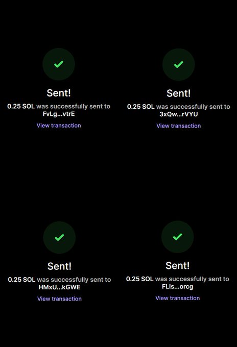 Four Solana transaction confirmation screens showing 0.25 SOL successfully sent to four giveaway winners: FvLg...vtrE, 3xQw...rVYU, HMxU...kGWE, and FLis...orcg. The image serves as proof of the giveaway payouts to the four tagged recipients mentioned in the post.