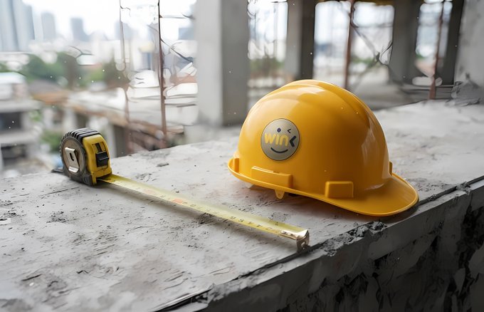 A yellow hard hat bearing a 'WINK' smiley-face logo sits on a concrete surface alongside a measuring tape, set against the backdrop of an unfinished building with a city skyline visible in the distance.